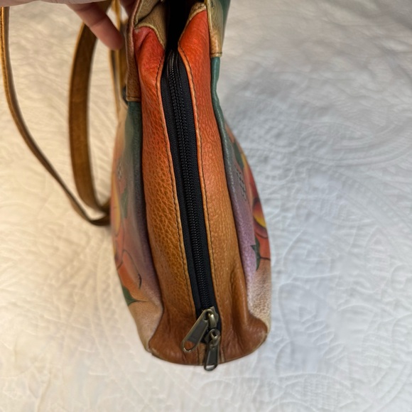 ANUSCHKA Shoulder Bag Satchel Leather Hand-Painted Butterfly Floral Signature - Picture 5 of 16